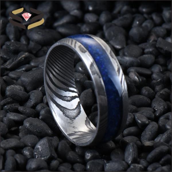 Men'S Damascus Steel Wedding Band Third Party Appraisal 8mm With Lapis Lazuli Inlay