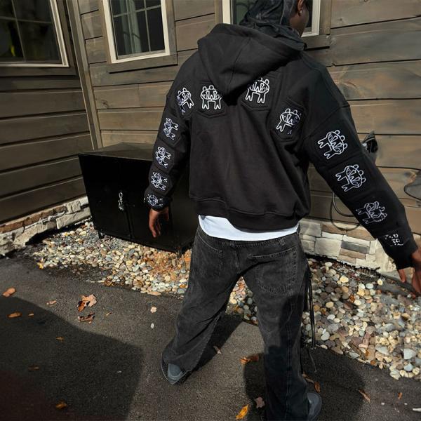 Custom Full Multi Pockets Zip Up Oversized Cropped Hoodie Men Unisex Embroidery Print Heavyweight Hoodies