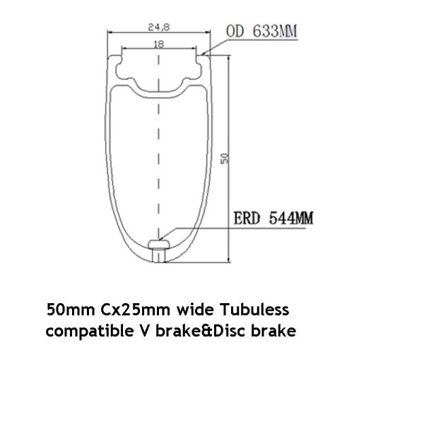 Clincher Compatible Tubuless Rim 700C 50MM 25mm Wide Road Bicycle Carbon Clincher Tubuless Rims Used for V&Disc Brake