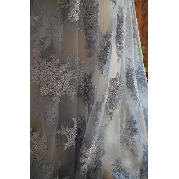 Побледнейте - голубая вышитая бисером ткань шнурка цветка 3Д двором для платья свадьбы