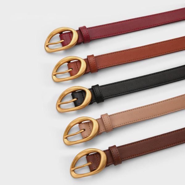 Thin Adjustable Belt Genuine Leather Belts for Women Matte Gold Oval Buckle Belts for Dresses