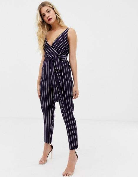 OEM wholesale girls wrap jumpsuit with self belt in navy stripe