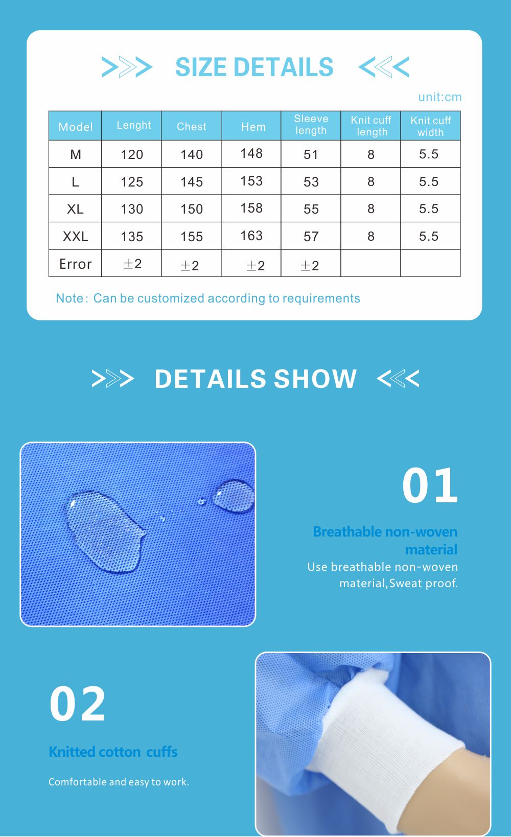 30-45g SMS Non-woven Fabric Disposable Gown Suit EOS Sterilized CE Certified Adjustable Hook-and-Loop Closure
