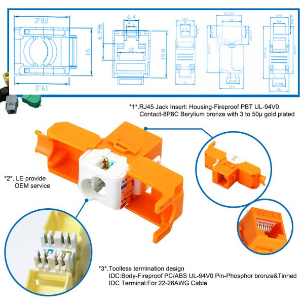 LE 180 Degree Unshielded RJ45 Toolless Cat6a Keystone Jack For Ethernet