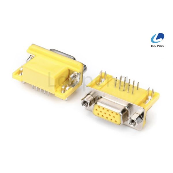 D-SUB 15pin female connector, Machine PIN 8.89mm, Right angle, half-gold, yellow Insulator, riveted iron harpoon, locking 4.8X11.8 iron screws.