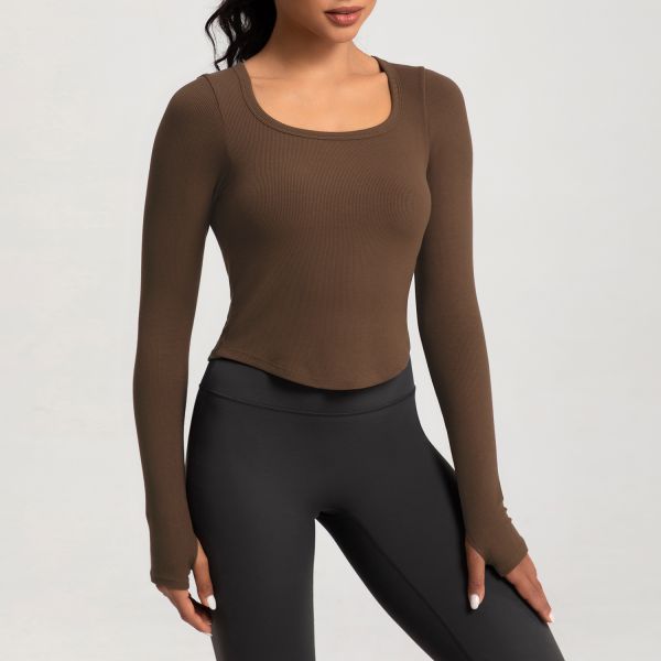 Scoop Neck Cropped Long Sleeve Workout Top for Women, Buttery Soft Stretchy Fabric, Coffee Brown, Ideal for Yoga Running and Daily Wear