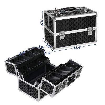 Black Makeup Vanity Case Cosmetic Box With Adjustable Dividers 4 Trays And 2 Locks