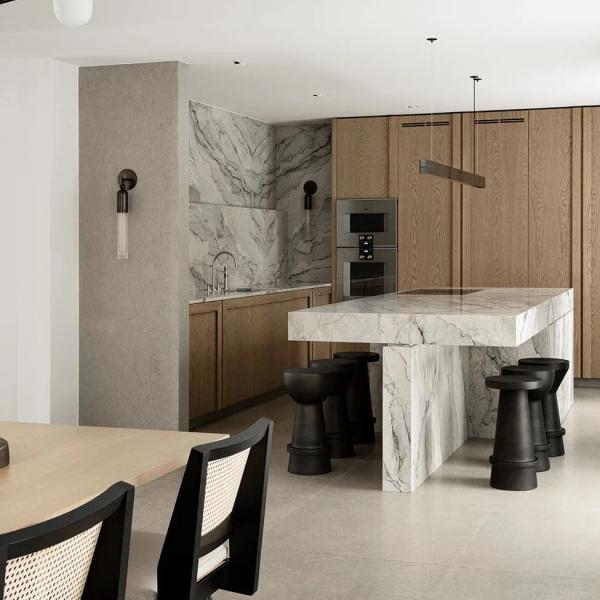 Villa de madera de roble blanco veneer cocina de mármol encimera marco línea panel de la puerta conjunto completo de gabinete de cocina