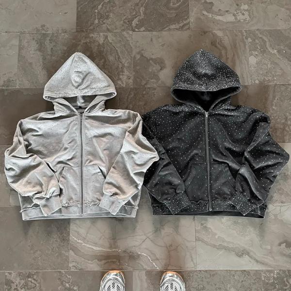Oem Heavyweight Zipper Hoodie Custom 100% Cotton Terry Hoody Sweatshirt Streetwear Rhinestone Zip Up Hoodie for Men