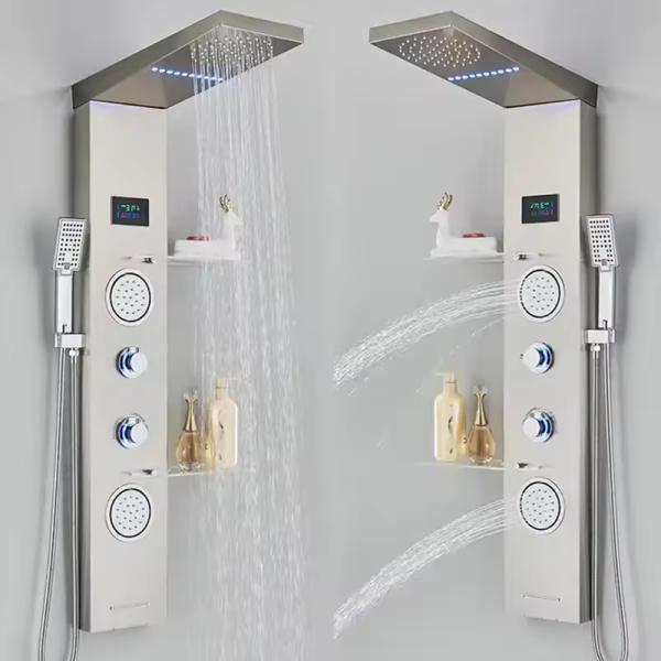White Bathroom Wall Mounted Stainless Steel Waterfall Shower Column with LED Panels