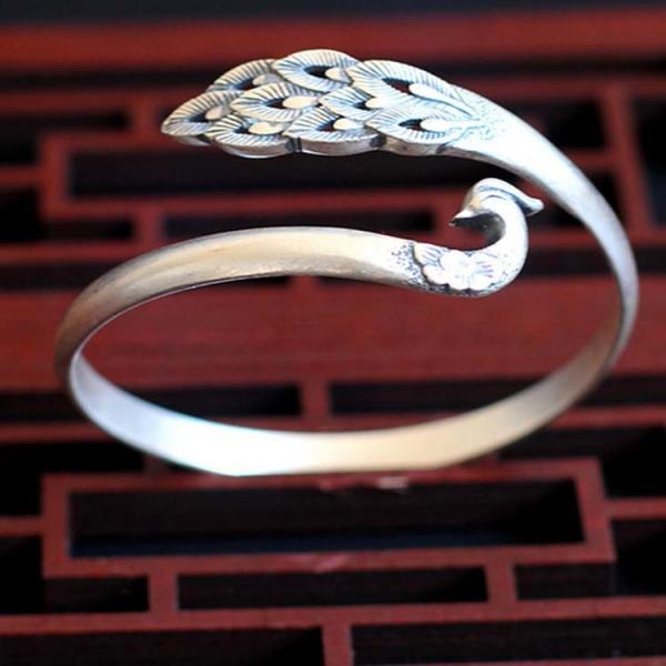 Sterling Silve Open Adjustable Cuff Bracelet Engraved Peafowl Fine Bangle(XH052136)