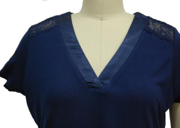 Navy Blue V Neck Short Sleeve T Shirt  , Plus Size Womens Dressy T Shirts Lace Shoulder