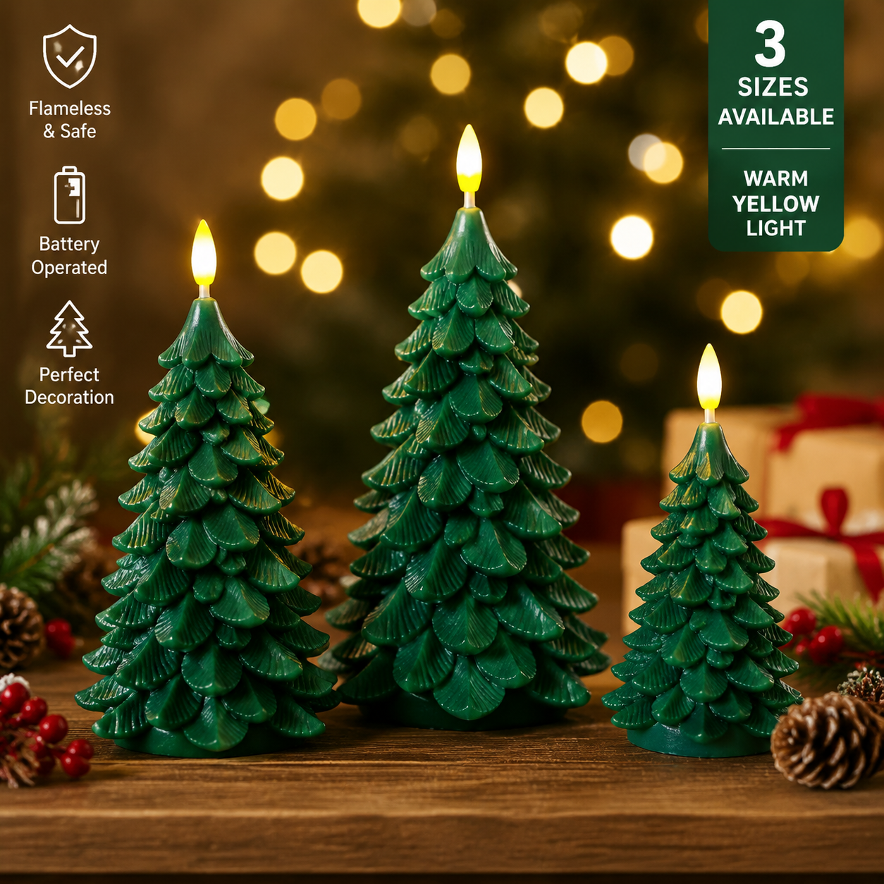 Christmas Tree Design LED Candle with Real Paraffin Wax and Timer Function for Festive Decoration