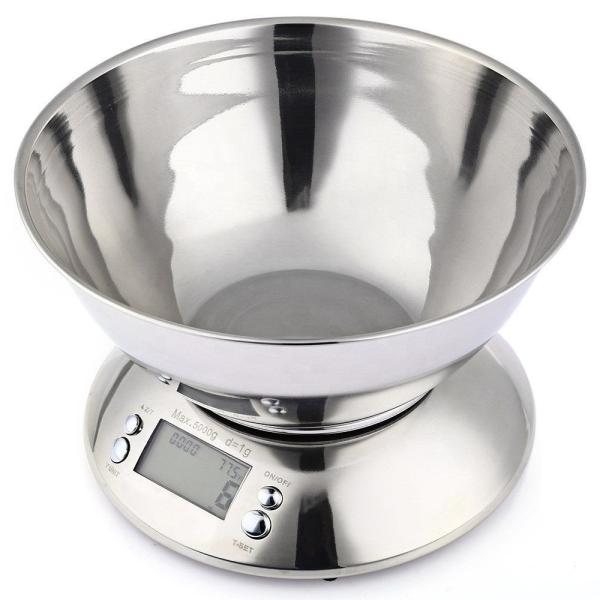 Báscula de cocina digital de alta precisión con graduación de 1g y capacidad de 5kg, con diseño de logotipo personalizado y pantalla LCD