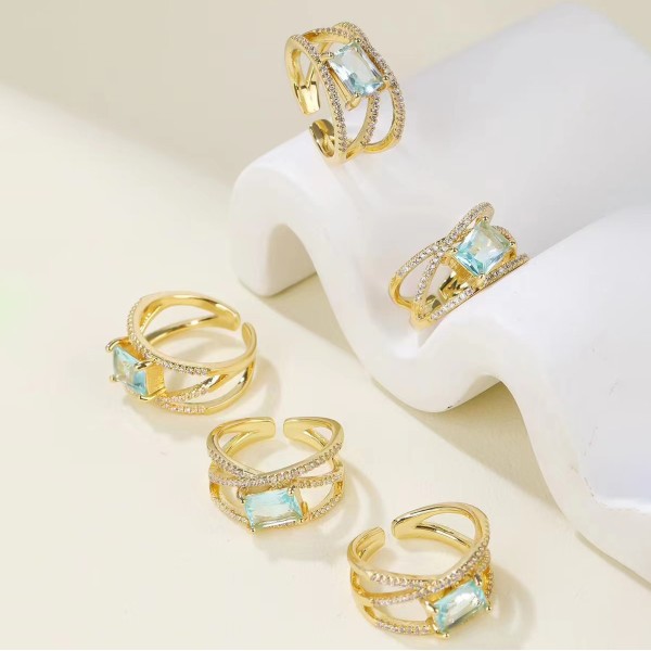 Jiexing Trendy Finger Rings 14K Gold Plated Adjustable Blue Hollow Zircon Finger Ring Women Jewelry