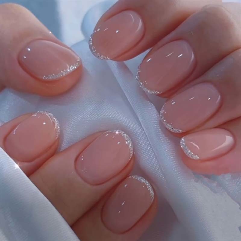 FDA Oval Short Fake Nails French Tip Press On Nails 24pcs Bow Pattern