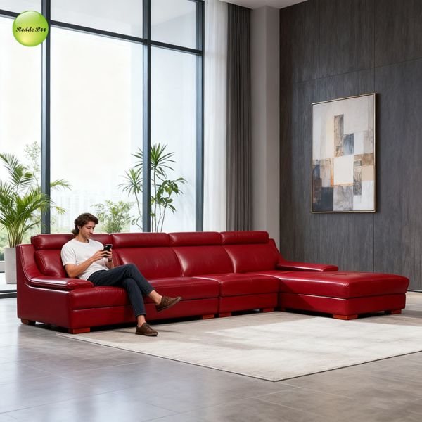 Bold Red Leather L - Shaped Sofa: Vibrant, Plush – Perfect for Lively Conversations