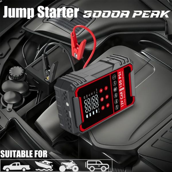 Portable 3000A Auto Emergency Jump Starter With Air Compressor 150PSI