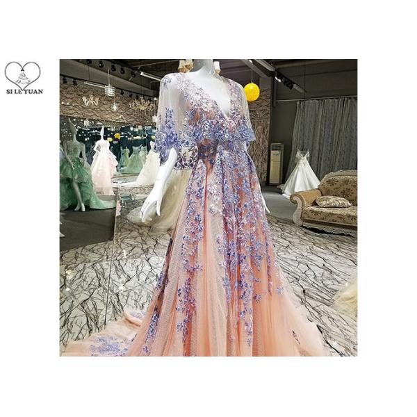 Backless Tailor Made Prom Dresses , Deep V Neck Floral Ball Gown Bat Wing Sleeve