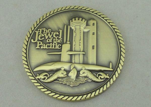 Zinc Alloy Die Casting Personalized Coins For Jewel Of The Pacific , Antique Gold plating With Rope Edge