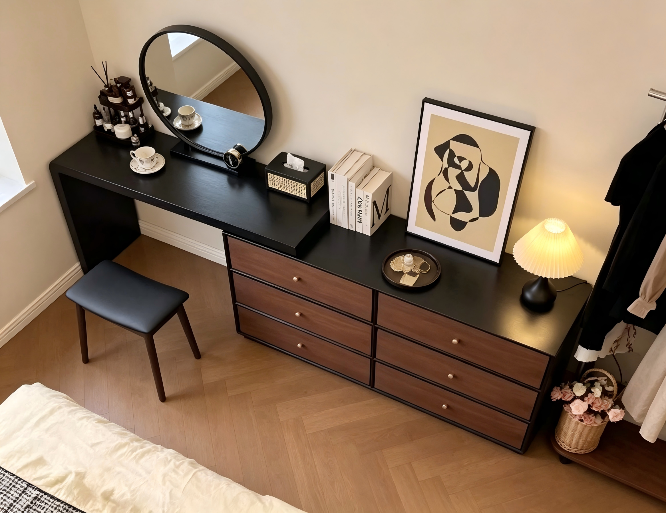 Mid-Century Black Walnut Vanity Dresser Combo Black Walnut Makeup Desk