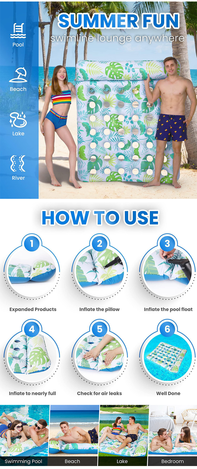 PVC Inflatable Double Hole Floating Raft with Pillow, Customized Hollow Floating Bed, Inflatable Swimming Pool Floating Mat