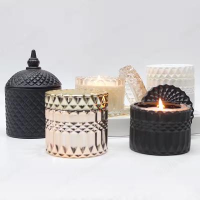 Jar de vidro transparente Vaso de velas de luxo Jar de velas em relevo com tampa
