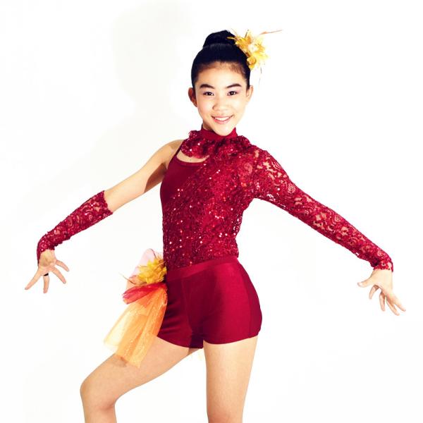 Asymmetrical Jazz Dress Costumes One Sleeve Sequin Lace Dance Leotards Spandex Short With Side Suttles