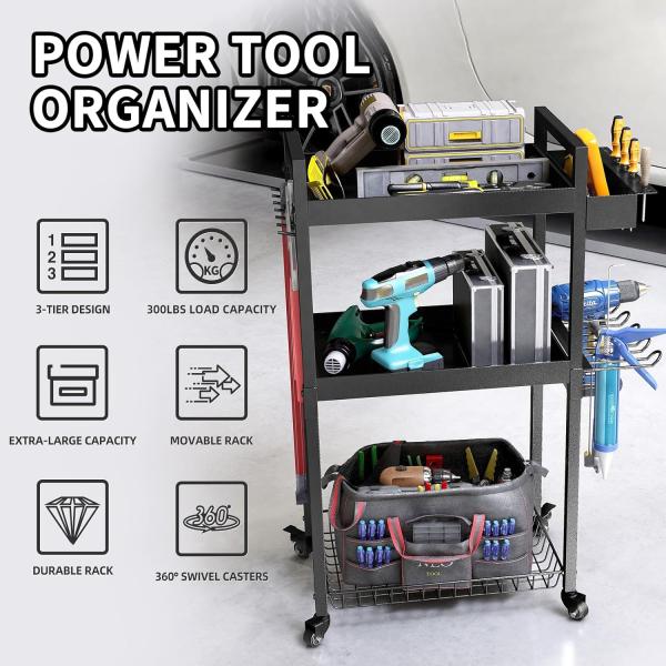 Montado en la pared 3 Niveles de perforación Estante de estantería Portaherramientas de carrito rodante para organización de talleres