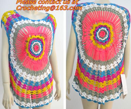 Crochet Sweaters, Women Fashion All-match Contrast Color Knitted Tricot Summer O-Neck Pullover Blouse Tops