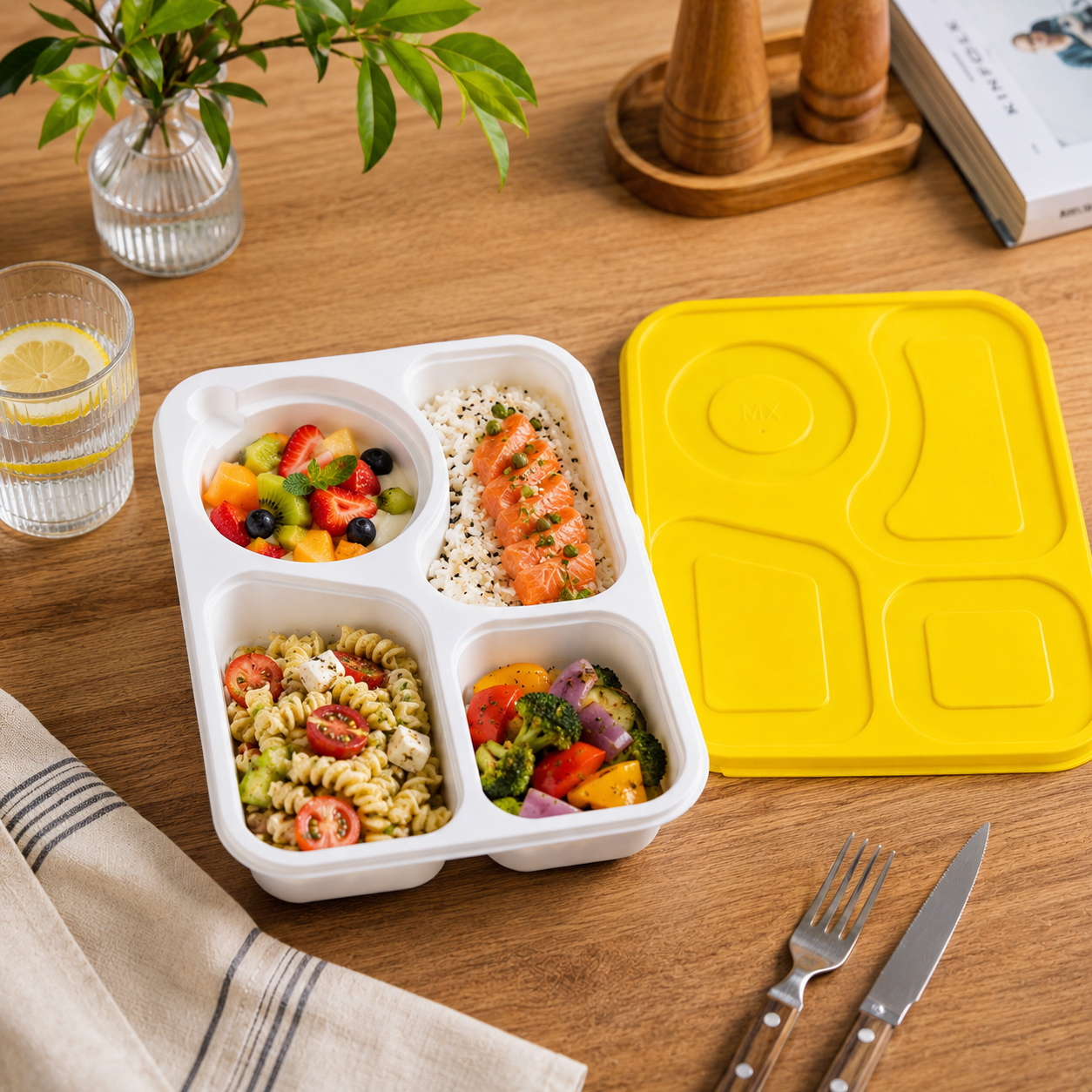 Four Compartment Snap Lock Bowls Color Lids Food Storage PP Meal Tray Disposable