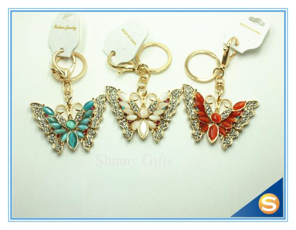 Rhinestones Butterfly Shape Keychain Zinc Alloy Gold Plated Animal Metal Crystal KeyChains Ring Holder