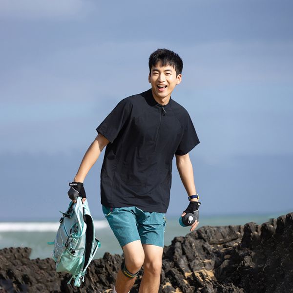 Summer Outdoor Moisture Wicking Quick Dry Sun Protection Versatile Hiking Trekking Stand Collar Couple Short Sleeve T-Shirt