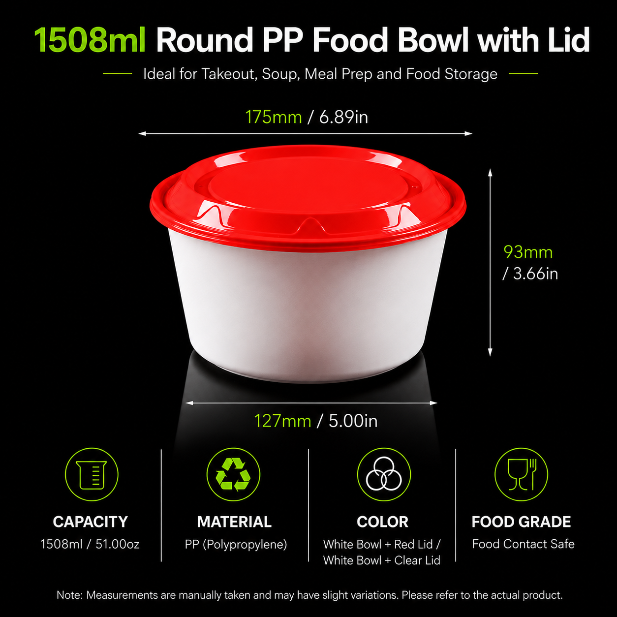 1508ml Extra Deep White PP Disposable Catering Soup Bowl Red Lids for Large Portions