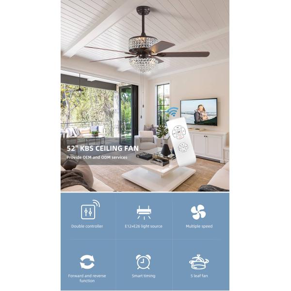 Bedroom AC110V 4100K  Flush Mount Crystal Chandelier Ceiling Fan Remote Control