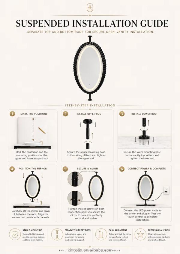 Kingstin Luxury Floating Suspended LED Mirror with Custom Size Black Stainless Steel Frame for Modern Bathrooms Hotel and Villas