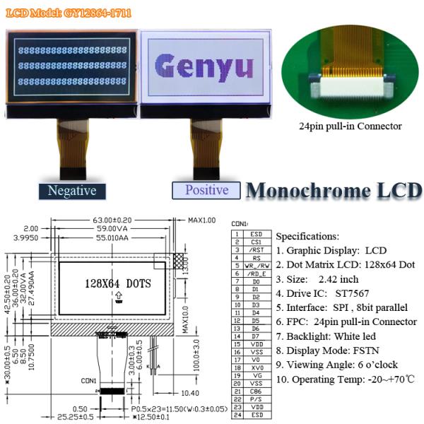 128x64 Fstn COG LCD Display Module I2c Spi St7567 26pin Screen Monochrome Display 12864 Mono LCD Graphic Display ST7567 or UC1701