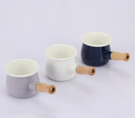Mini Pot Enamel Steel Milk Pan Baby Food Cooking Pot with Wooden Handle