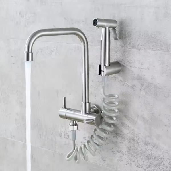 Single Hole Basin Sink Mixer Taps Stainless Steel Shattaf Spray for Wall Installation
