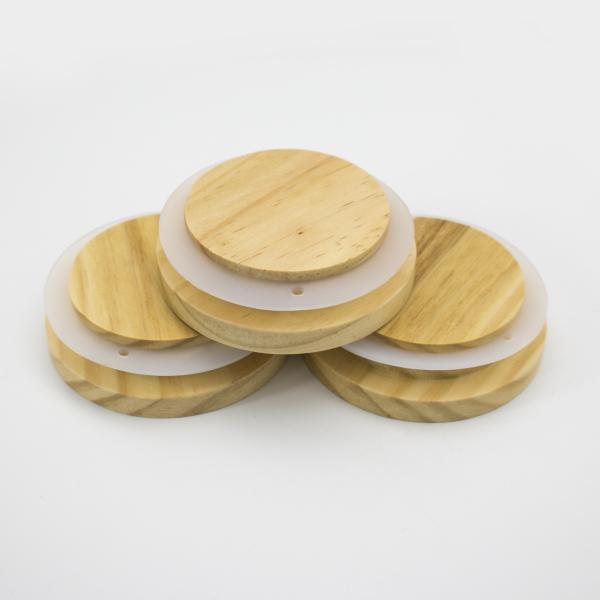 Reutilizables de boca ancha Mason Jar tapas de vidrio de madera de pino natural cubierta de copa de café tapas con anillo de sello de silicona de color de madera