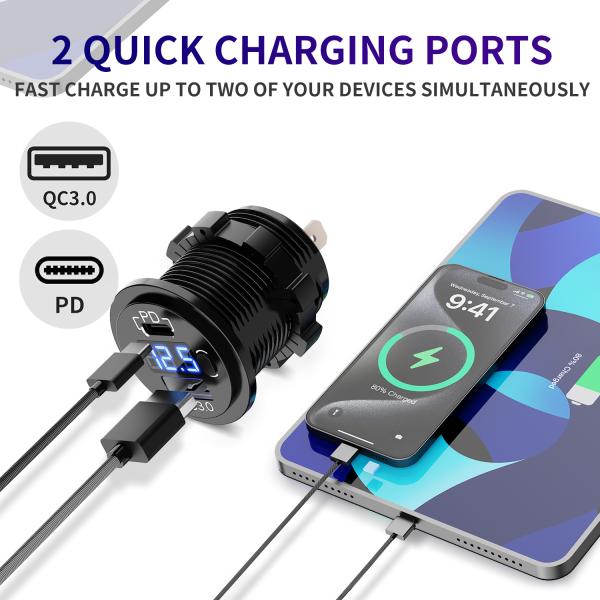 QC3.0 Chargeur de voiture USB PD pour voiture bateau bus moto de golf