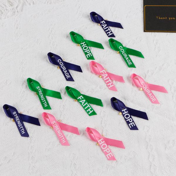 Breast Cancer Awareness Ribbon Bow Handmade Satin Ribbon with Custom Logo Ink Printing