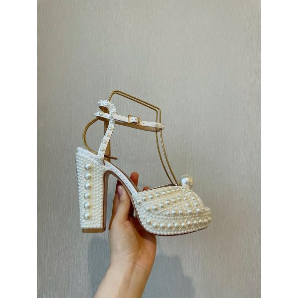 Pearl inlaid design women's high heel sandals，open toe height increasing women sandals