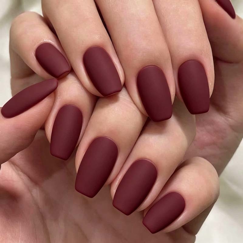 Promotion Matte Dark Red Solid Color Press On Nails 4 Shapes for Daily Wear