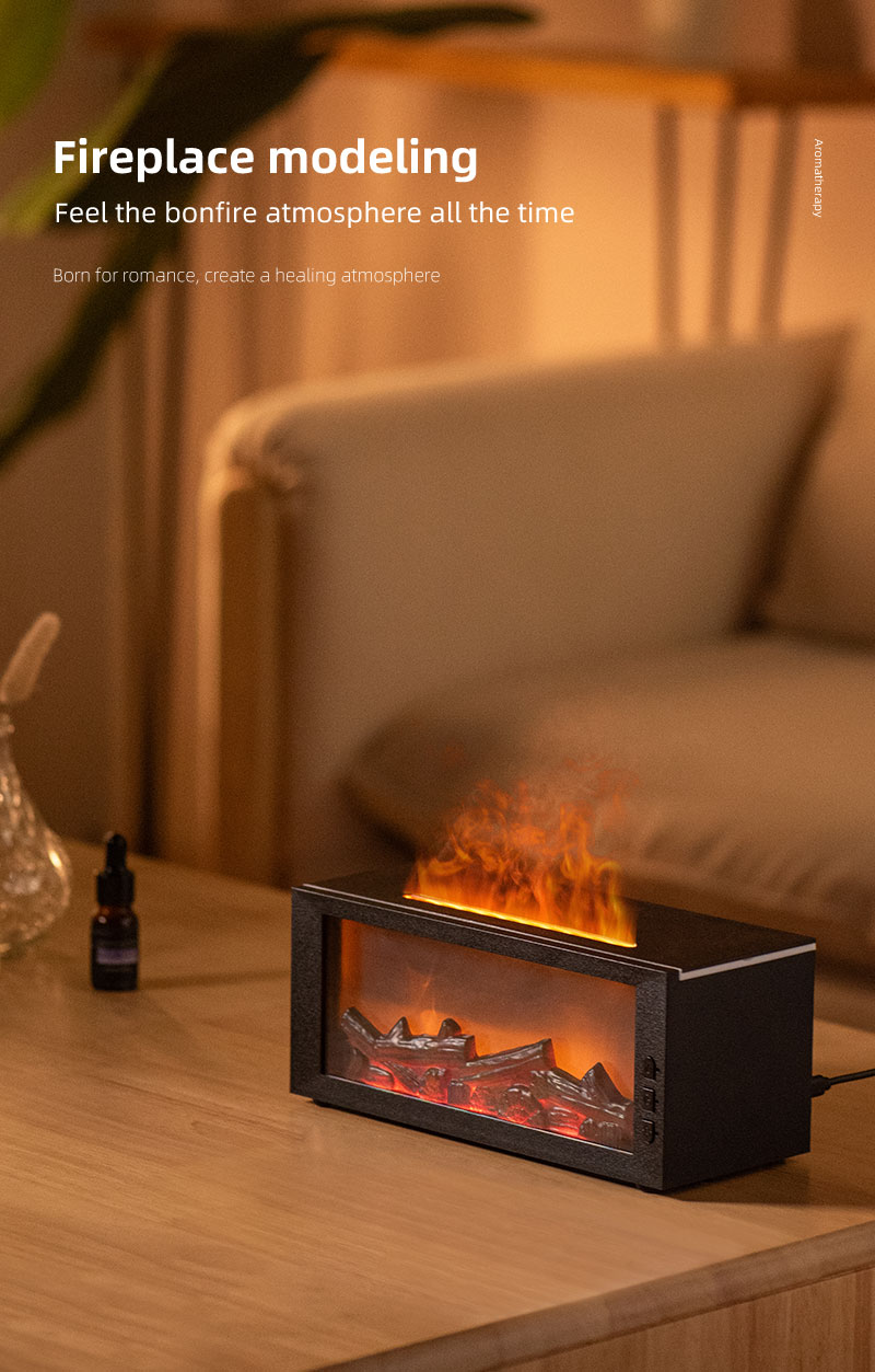 3D Realistic Flame Fireplace Diffuser Humidifier 300ml Large Tank Type-C Charging Quiet Operation