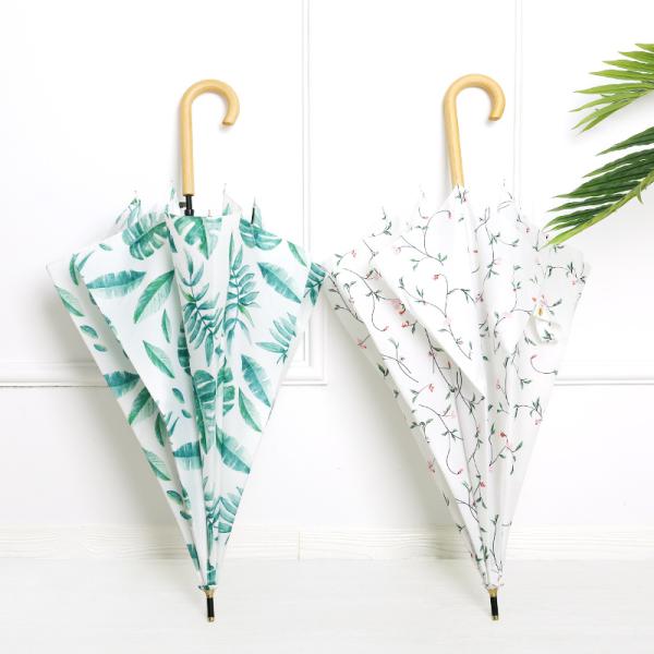 Fresh Design Leaf Cherry Wooden Handle Straight Umbrella Automatic Open Waterproof Fashion Umbrella