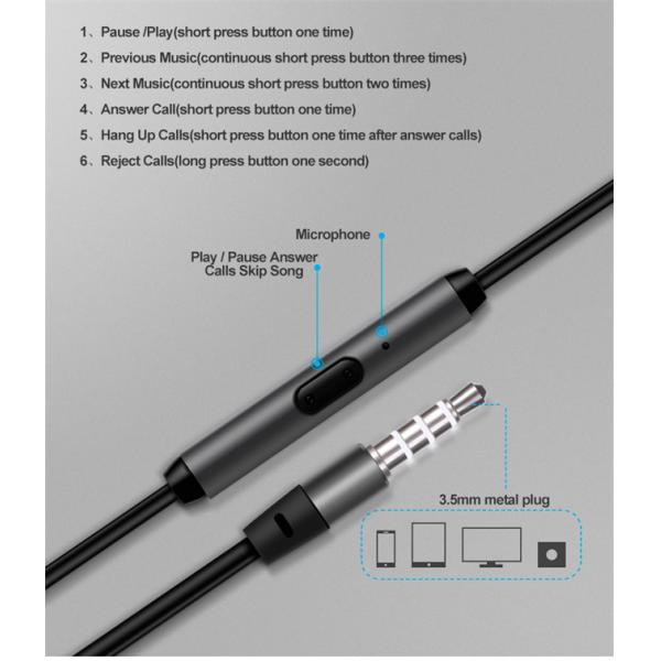 Volume Control 20KHz Magnetic Metal Wired Earphones HiFi Stereo Sound