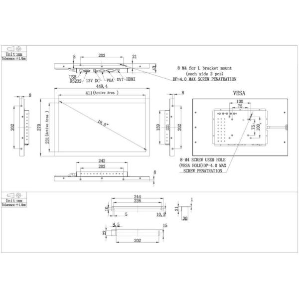 18.5 Inch Interactive Touch Screen Monitor Scratch Resistant 250cd/M2 Brightness