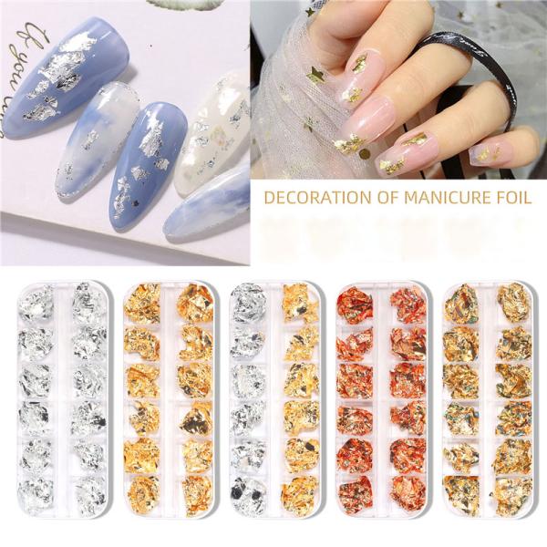 12 Grid Boxed Nail Art Gold and Silver Foil Paper 2D Style 4 Color Gold Wave Fragments