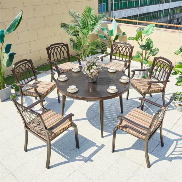 Water Proof Villa Round Patio Dining Set Garden Cast Aluminum BBQ Table and 6 Chairs